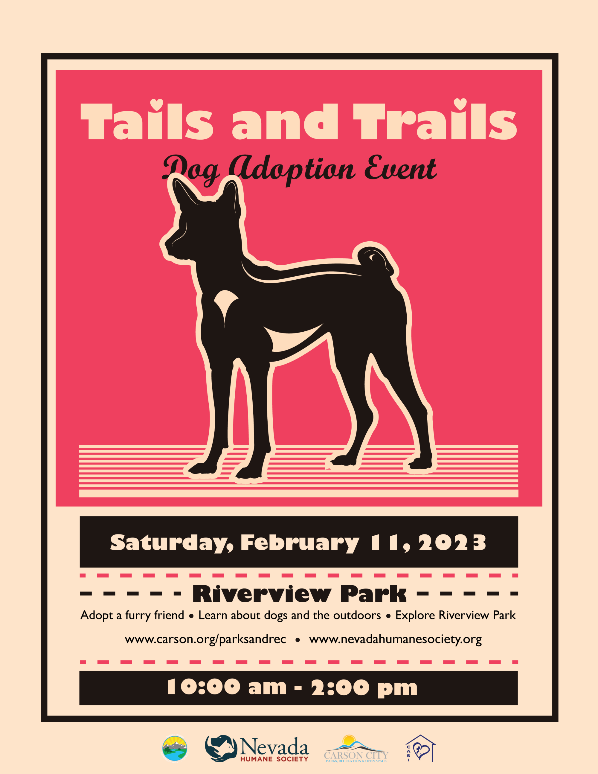 Flyer for the February 2023 Tails and Trails Dog Adoption Event